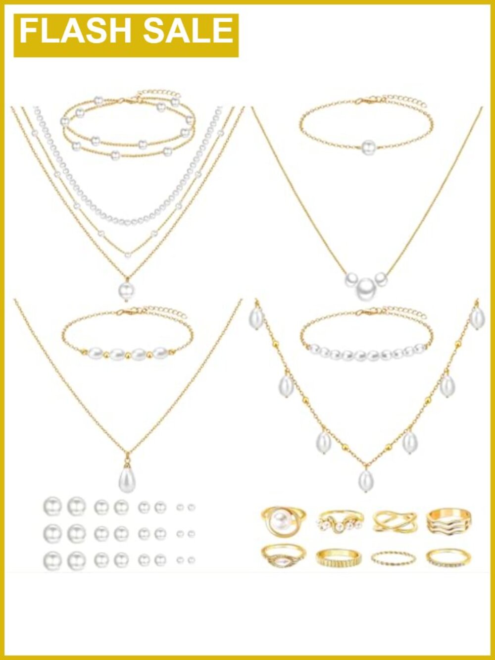 14K Gold Plated Pearl Jewelry Set 28 Piece Necklaces Bracelets Earrings Rings